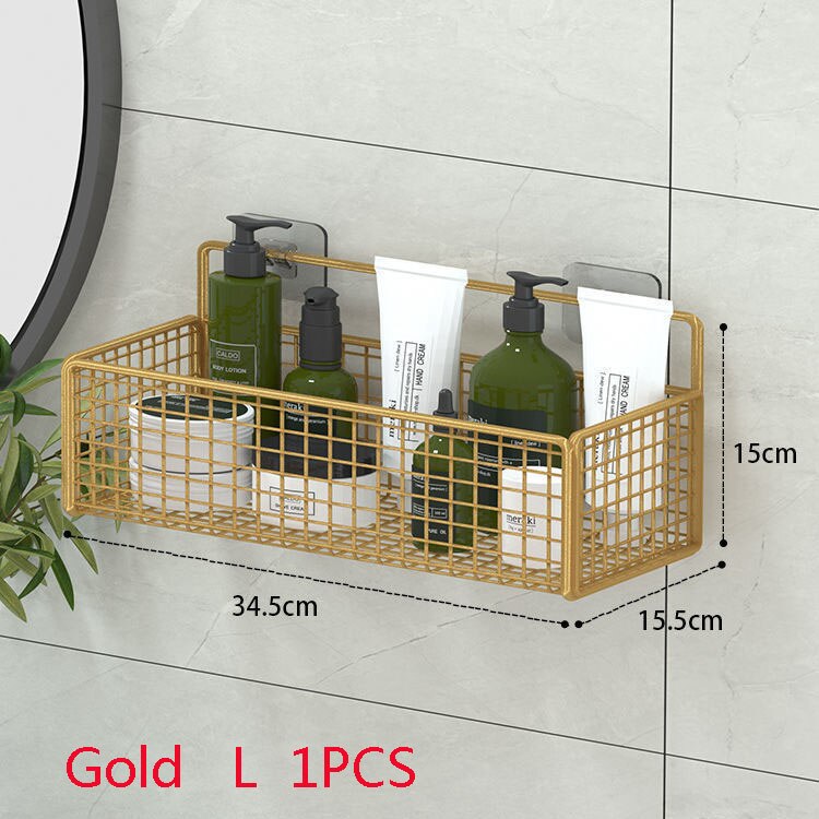 Black Wall-mounted bathroom shelf organizer Shampoo Rack Toilet Accessories Kitchen Free Punch Condiment Storage Basket: Gold  L 1PCS