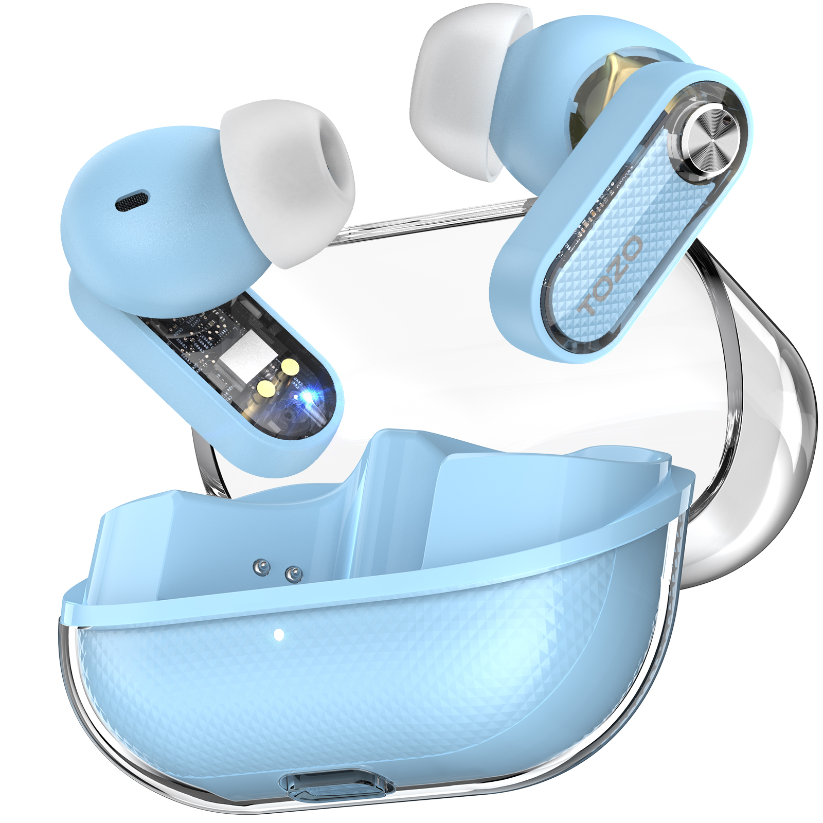 Tozo crystal pods trådlösa öronsnäckor med in-ear-funktion, bluetooth 5.4, dubbla mikrofoner, ai, tydliga samtal, transparent laddningsfodral: Blå