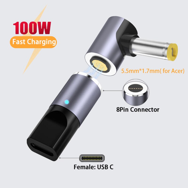 100W Magnetische Stecker Stecker USB C zu Typ C Kabel Adapter Schnelle Ladung USB Typ C Magnet Konverter für asus Hp Lenovo Laptop: 5.5-1.7mm