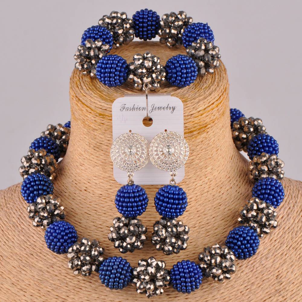 Royal Blue and Yelow African Beads Jewelry Set: Royal Blue Silver
