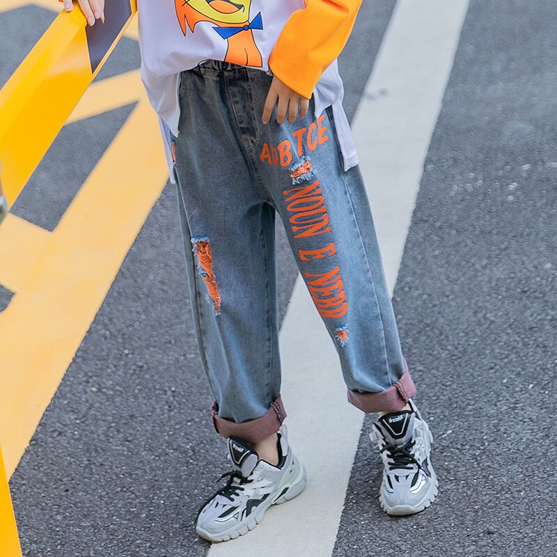 Kids Girls Ripped Jeans 10 12 years Denim Pants Autumn Korean Style Teenage Girls Jeans: 12