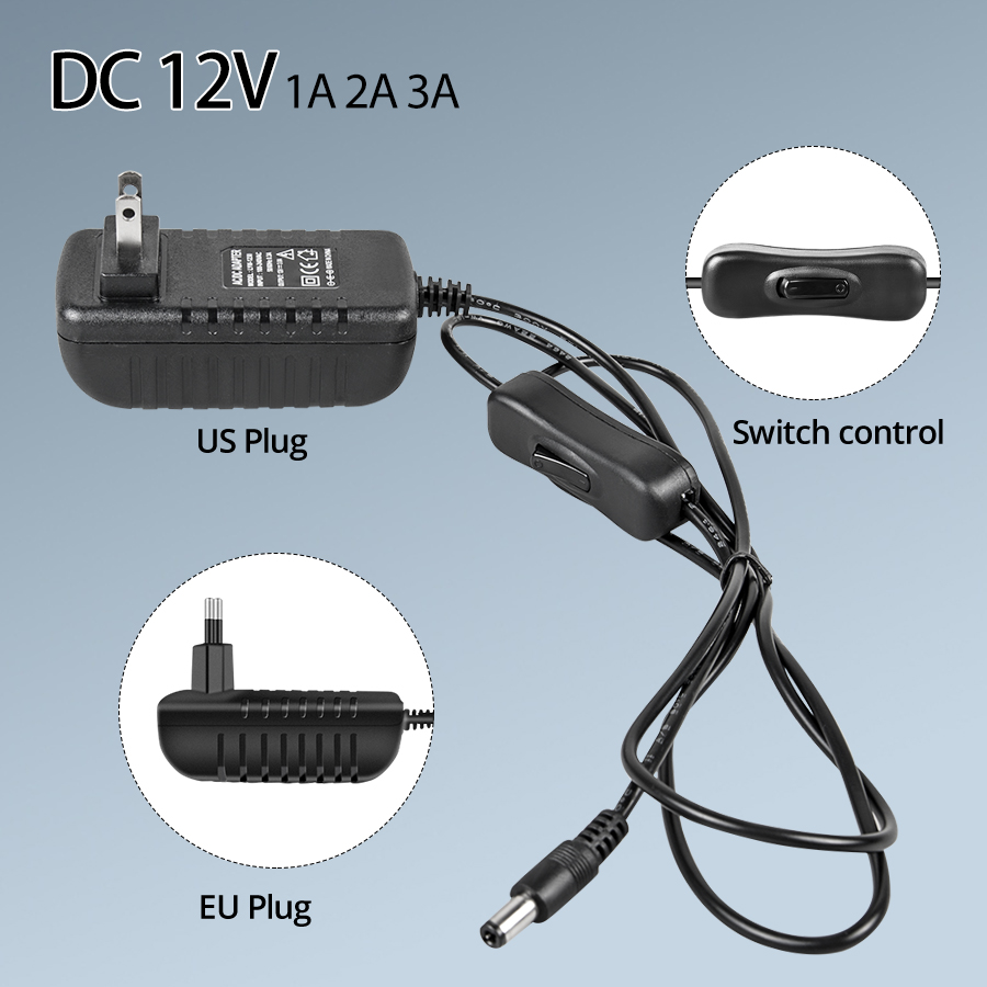 Alimentation 12V 1A 2A 3AP, avec interrupteur, prise ue/US, adaptateur d'alimentation, chargeur AC 100-240V à DC 12V, pilote de transformateur d'éclairage LED