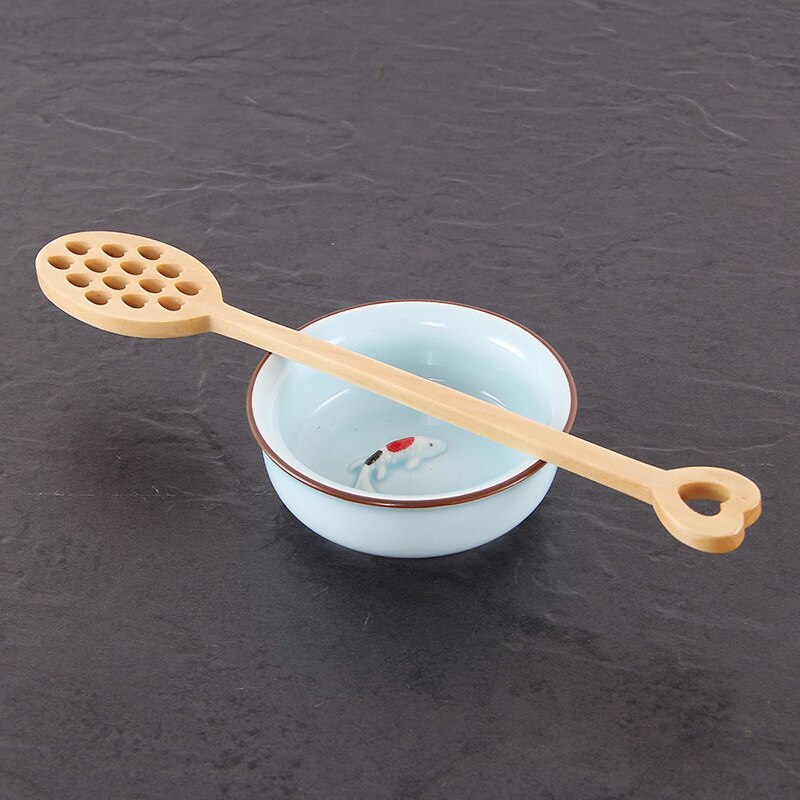 1Pc Wood Honey Dipper Sever Mixing Stick Spoon Honeycomb Heart Pattern Wood Honey Spoon