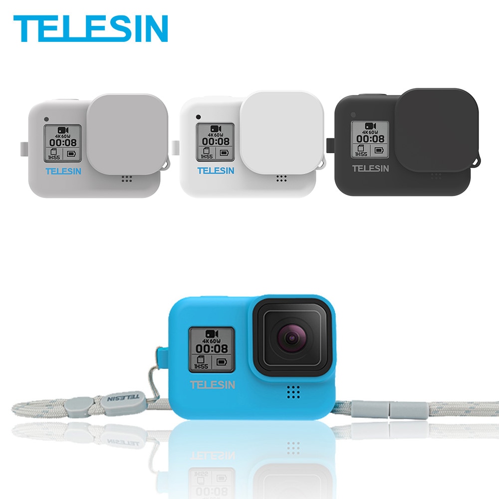 Telesin Zachte Siliconen Case Behuizing Cover Lens Cap Blauw Wit Verstelbare Handgreep Polsband Voor Gopro Hero 8 Camera Accessoires