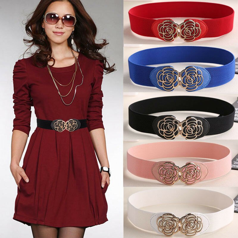 frauen Dame metallisch retro Blume Elastische dehnbar Kleid Schmale Taille Gürtel Band verrotten Blau Schwarz Weiß Rosa