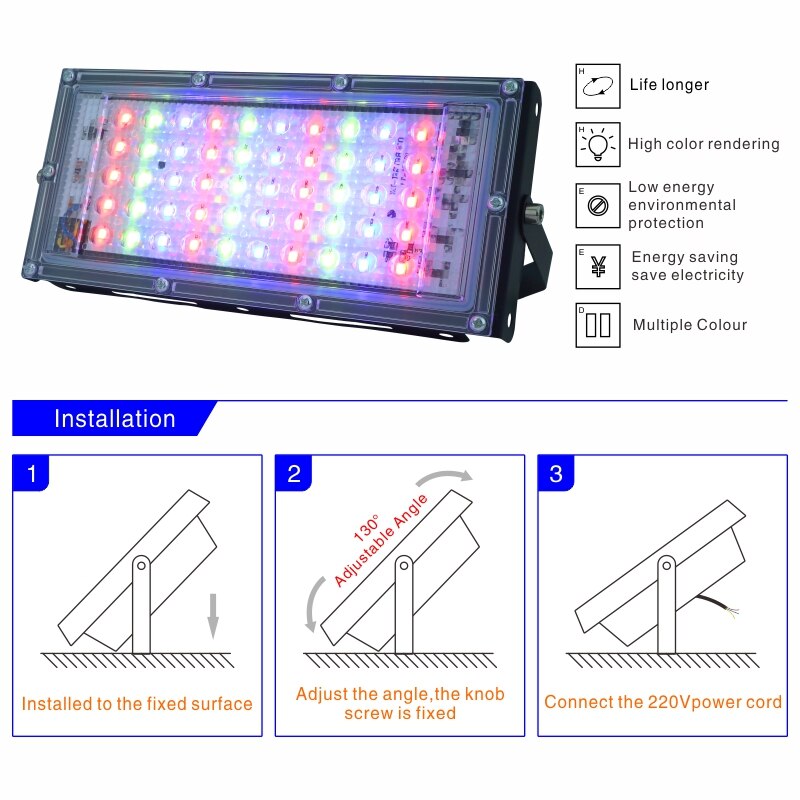 2 stk/parti 50w ledet rgb flomlys lampe  ac 220v utendørs flomlys  ip65 vanntett reflektor ledet få øye på med fjernkontroll