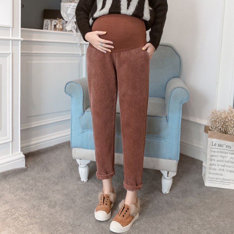 Winter Warm Velvet Maternity Pants Corduroy Pants For Pregnant Women Clothes Loose Thicken Abdominal Trousers Pregnancy Clothing: Brown / M