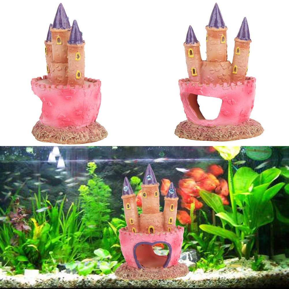 Acuario de Castillo de resina rosa de dibujos animados, decoraciones de paisaje de tanque de peces adornos de torre para peces acuáticos suministros para mascotas