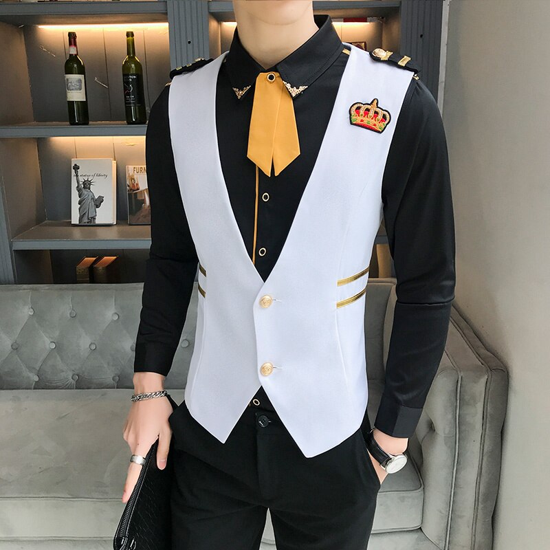 Borduren Crown Jurk Vesten Voor Mannen Slim Fit Vest Suits Casual Zaken Wedding Tuxedo Vest Gilet Chalecos Para Hombre