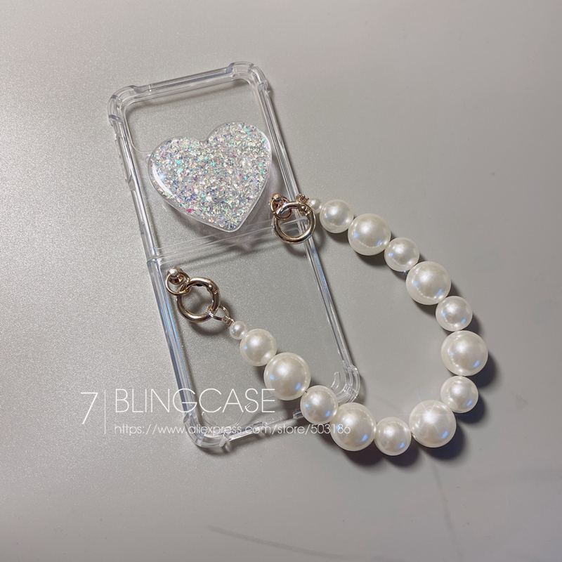 Pearl Bracelet Rhinestone Holder Phone Case For Samsung Galaxy Z Flip 3 Hand Chain Clear Shockproof Z Flip Cover: Galaxy Z Flip 3 / 4