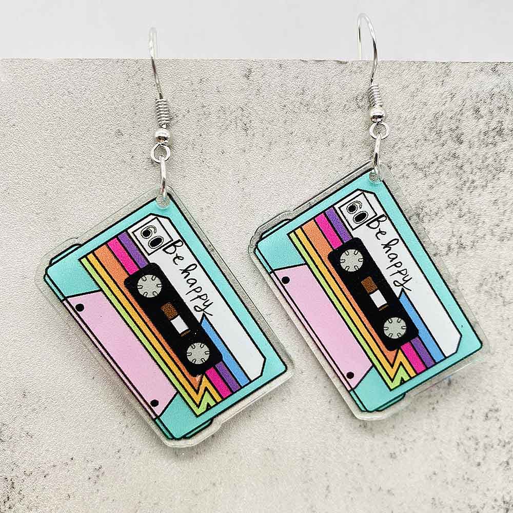 Pendientes de registro de película con cinta de casete de estilo Vintage, pendientes para entusiastas de la música, color blanco y negro, para entusiastas de la música navideña: Color oro puro