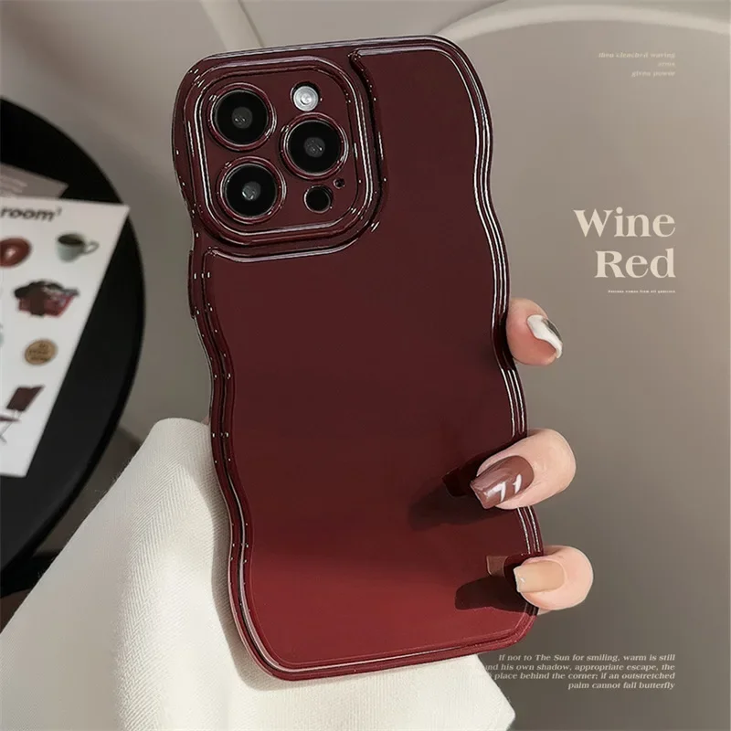 Coque de téléphone antichoc en TPU souple avec coussin d'air coréen, magnifique housse de protection, vin rouge, vague, iPhone 16,11, 12, 13, 14 Plus, 15 Pro Max
