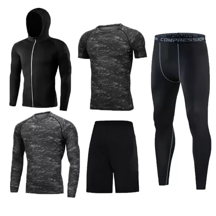 5 pièces/ensembles hommes vêtements de sport homme rashguard costume homme kit mma compression vêtements pour hommes à manches longues t-shirt + entraînement l