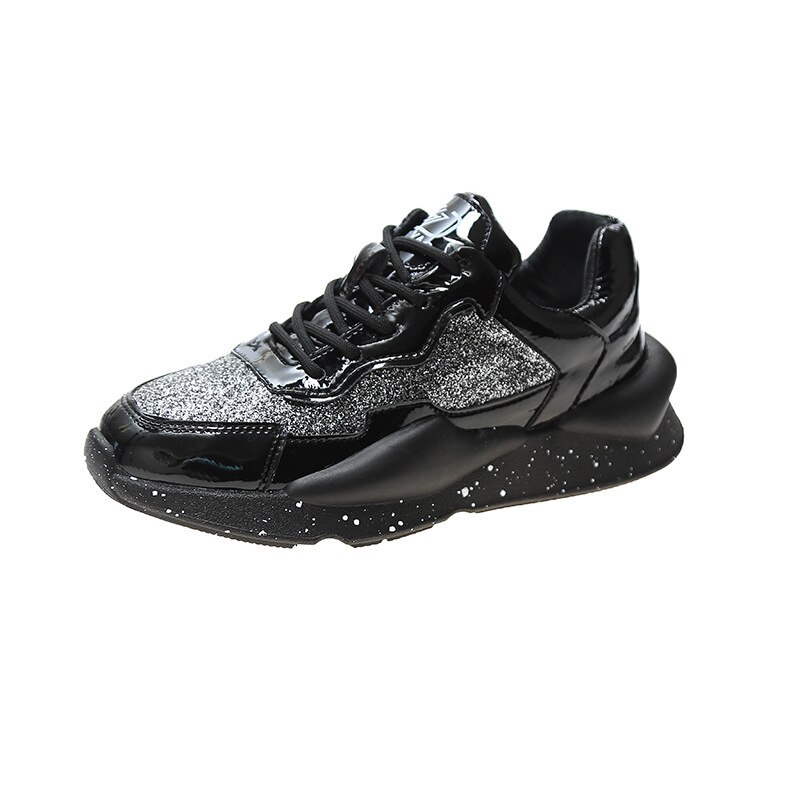 Fujin dames sneakers lente pailletten platform ademende dikke schoenen dames ins dikke bodem dames casual schoenen: Zwart / 7