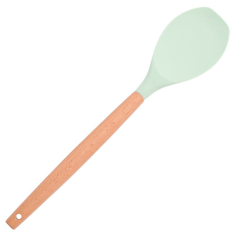 Siliconen Kookgerei Set Soep Lepel Borstel Pollepel Pasta Houten Handvat Spatel Vergiet Non-stick Kookgerei Keuken Gereedschap: Flat Spoon