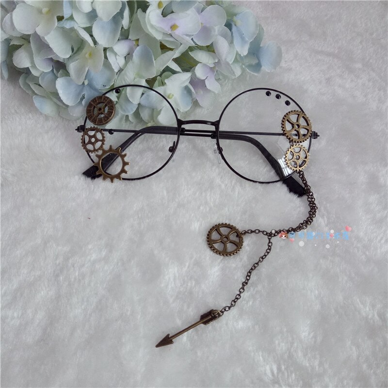 Vrouwen Lolita Steampunk Bril Retro Gear Chain Ronde Bril Brillen Retro Harajuku Decoratie Eyewear Punk Gothic Cosplay Prop: black frame