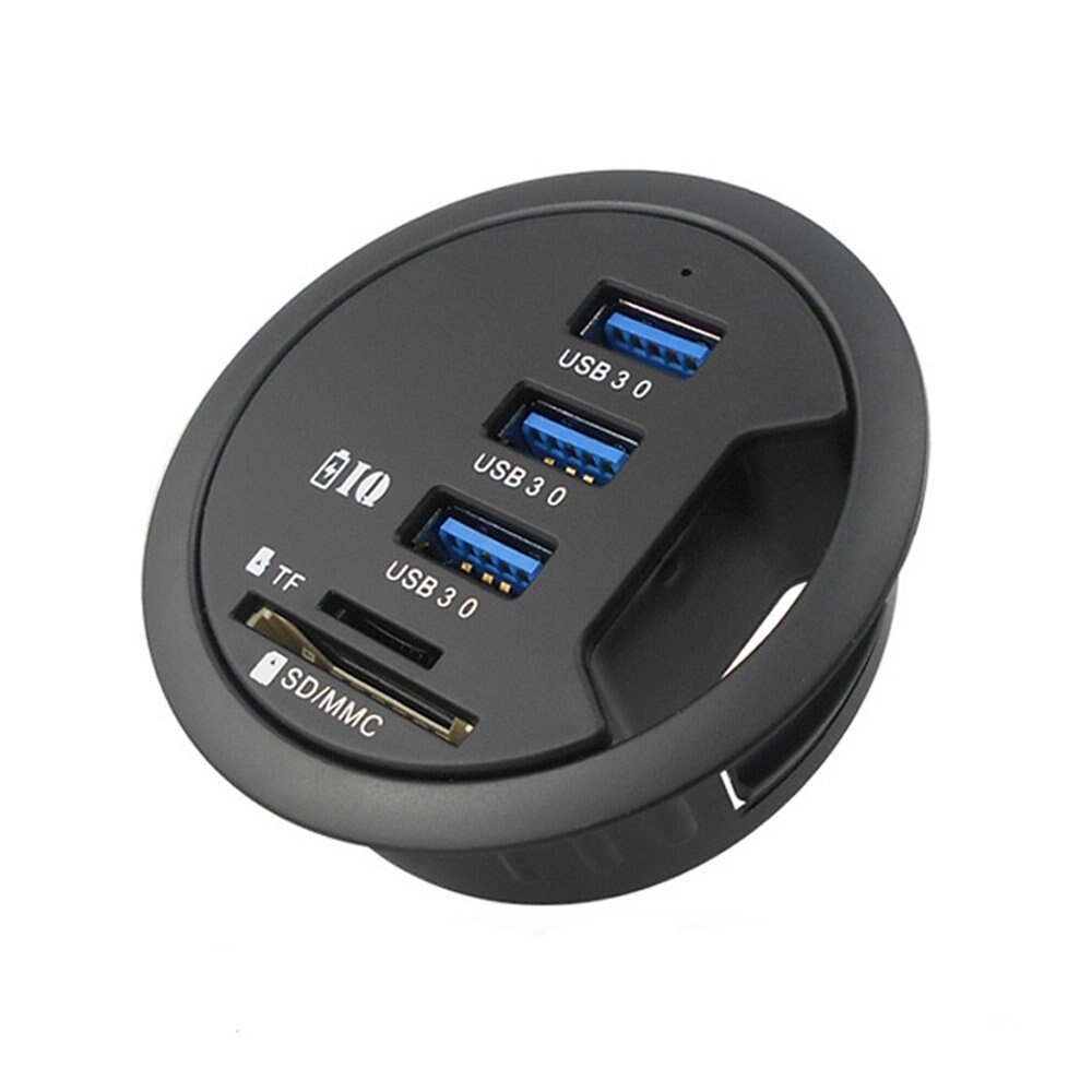In-Desk USB Hub 3 Port USB 3.0 Charger Data Read / Charge Combo In-Desk Hub with 2 Slot SD / Micro-SD Card Reader &amp;AC/DC Adapter