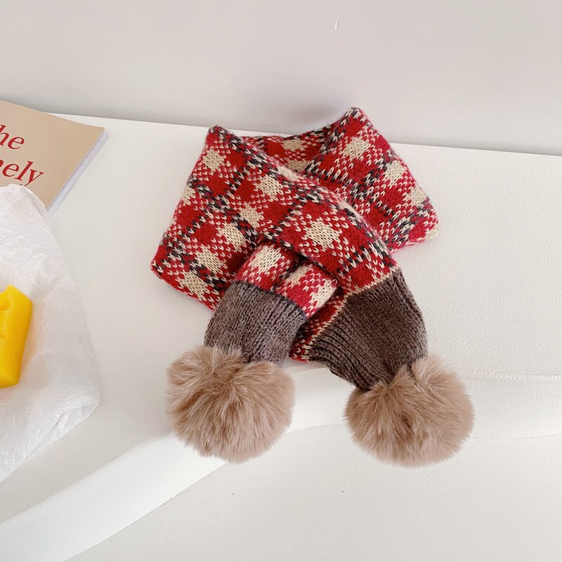 Mode Stiksels Plaid Kinderen Pompom Cross Sjaal Herfst En Winter Jongens En Meisjes Baby Warm Gebreide Sjaals: zaohongmishenka