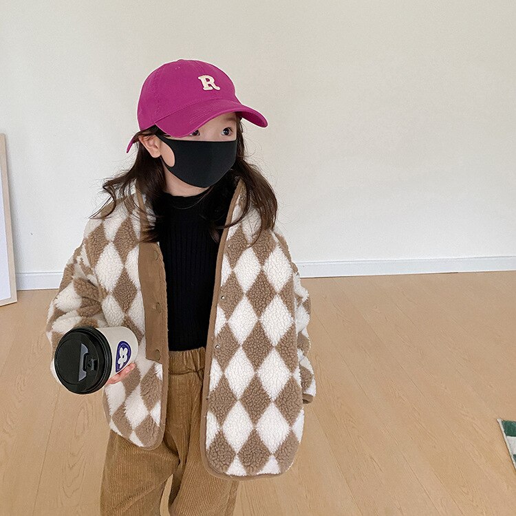 Capispalla larghi trapuntati in lana a quadri scozzesi di moda per ragazze invernali: Dark Brown / 4T