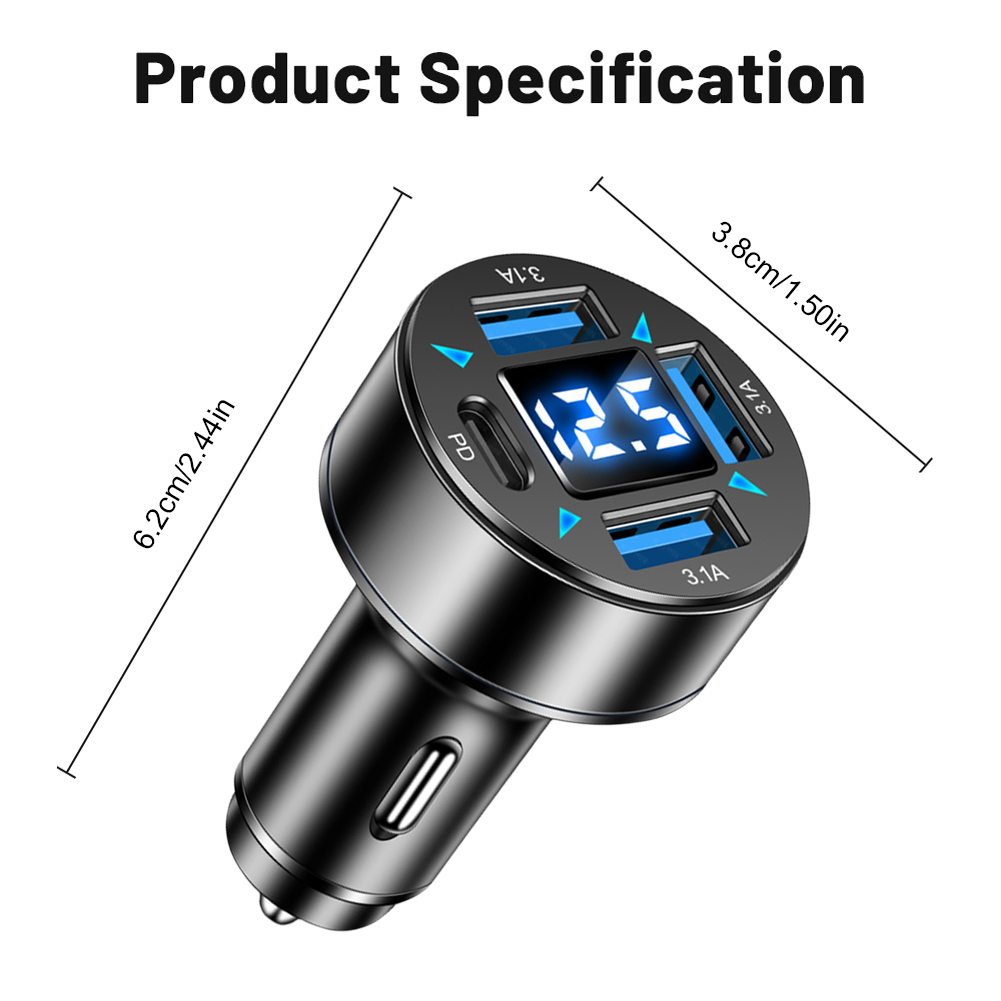66W autolader 4-poorts blauw licht snelle autolader USB PD snellaadadapter QC 3.0 LED digitaal display voor Huawei Xiaomi