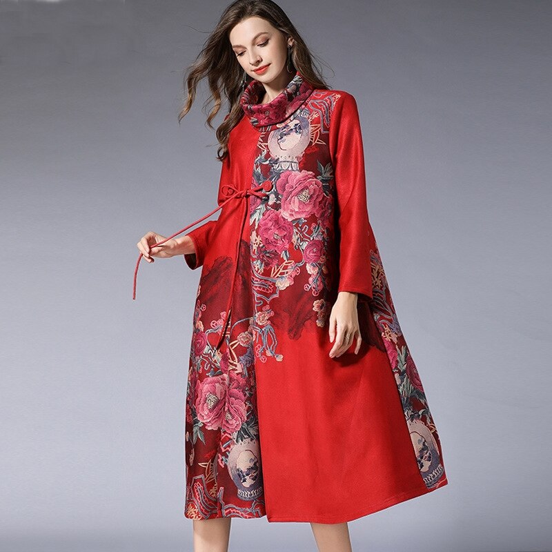 Robes d'hiver femmes grande taille robe orientale rouge col haut manches longues robe en daim Midi élégantes robes chinoises AA4441