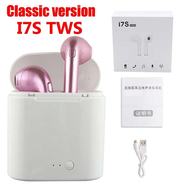 Wpaier-auriculares I7S TWS con Bluetooth, auriculares inalámbricos portátiles con cargador, auriculares universales I7 mini: I7S TWS PINK