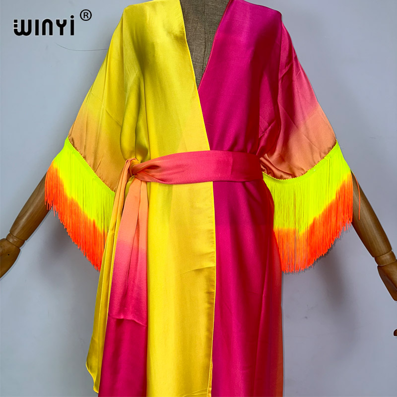 Winyi Kimono Cover-Ups Zomer Boho Geleidelijke Franje Print Bikini Cover-Up Mode Vest Sexy Kwastjes Maxi Jurk