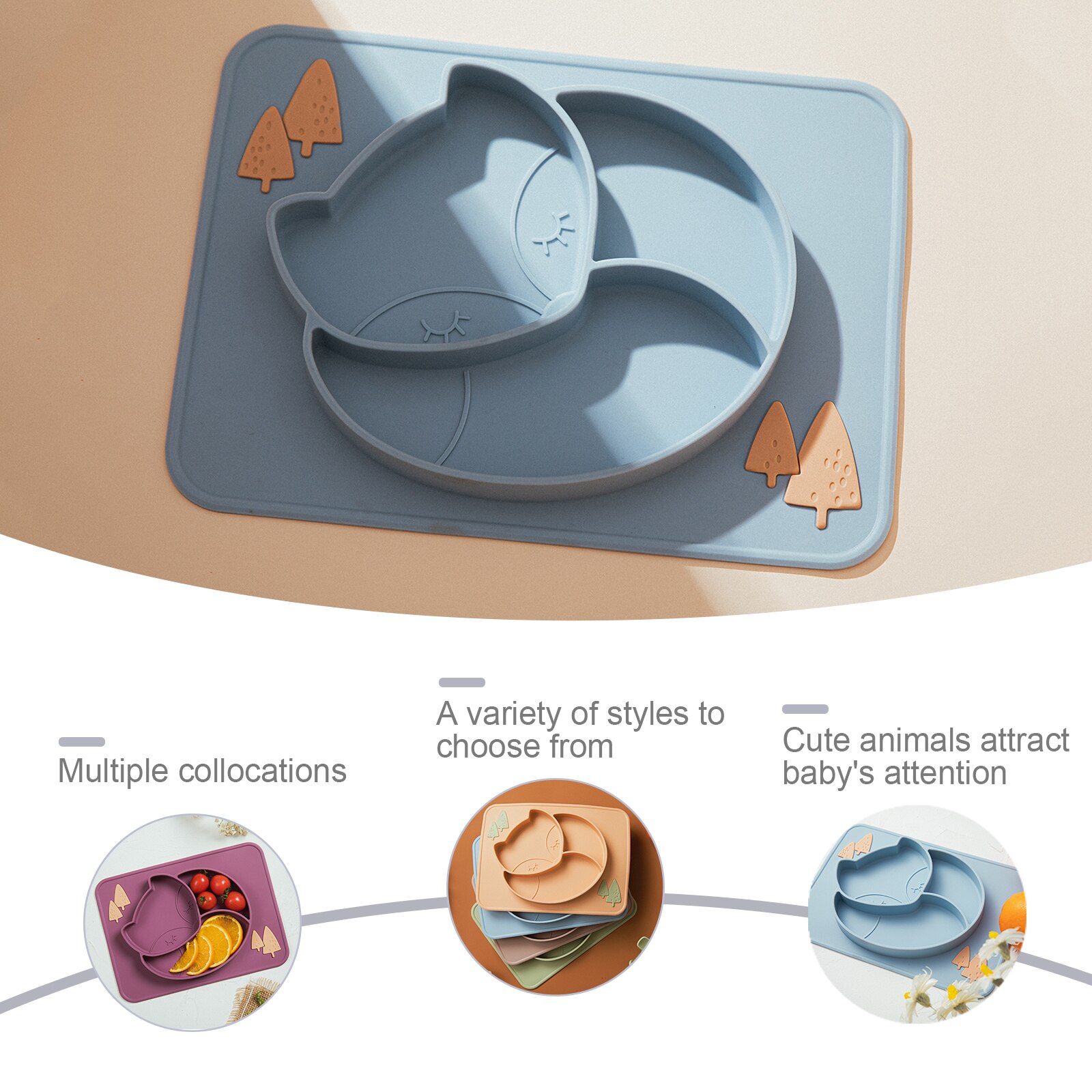 Assiette à manger en Silicone pour bébé, alimentaire, mignon renard, ventouse, vaisselle, bol d&#39;alimentation supplémentaire pour enfants, plats souples, 100%