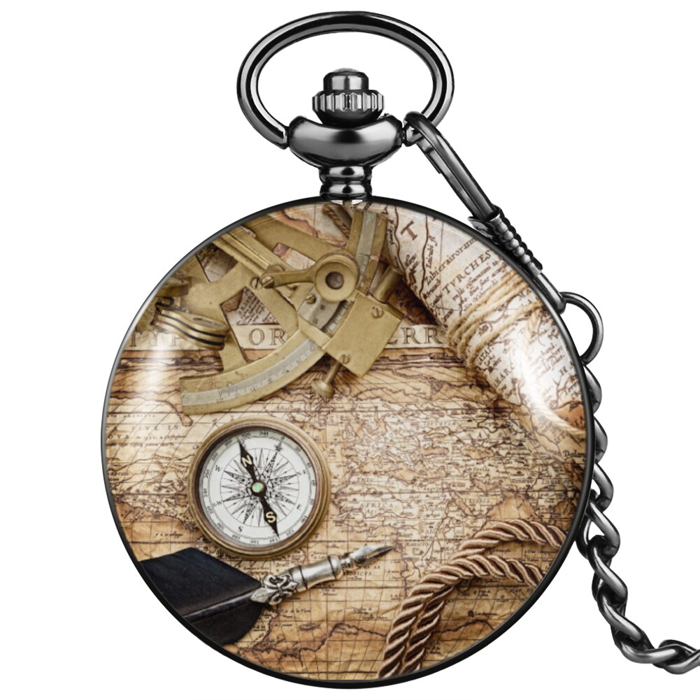 Reloj de bolsillo antiguo Nostalgia, brújula, patrón de mapa, números arábigos precisos, esfera lisa, cubierta Unisex, cadena gruesa, collar, Relojes: 1