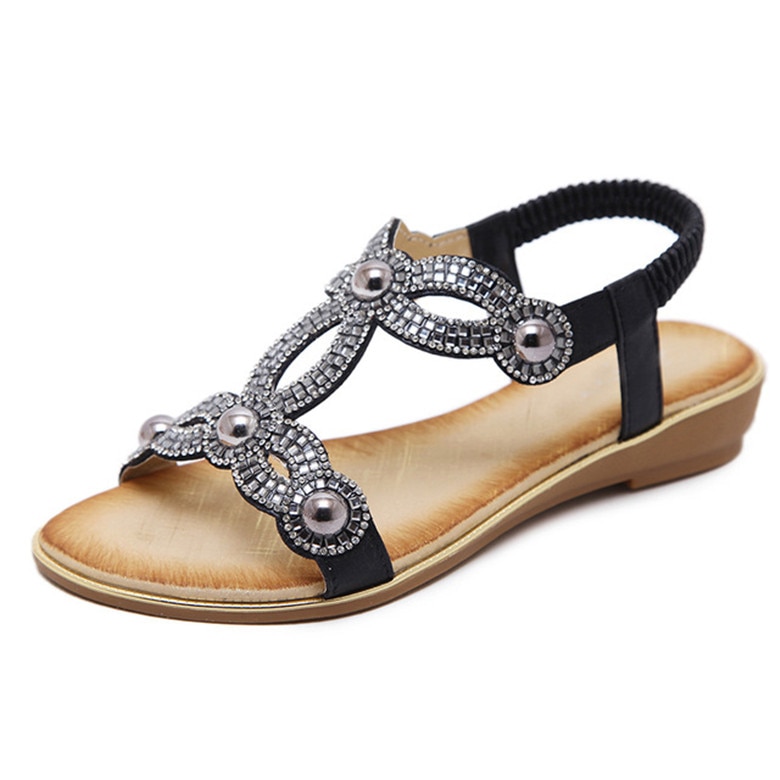 Mvvjke europæiske sandaler blomsterperler krystal rhinsten luksus diamant sandaler dame stor størrelse 35-42: Sort / 11