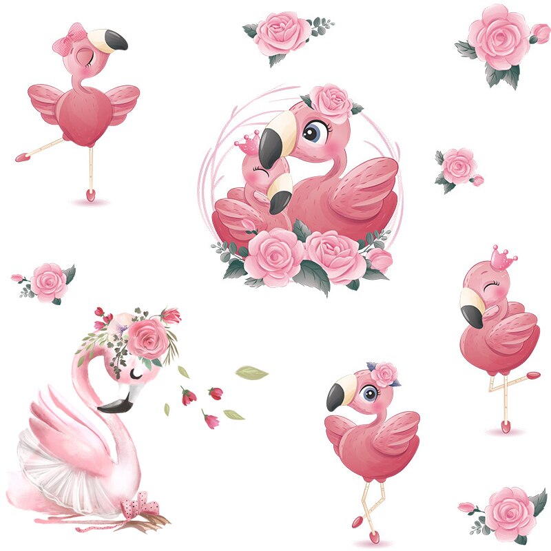 Cartoon Pink Swan Flower Wall Stickers Baby Kids Room Wall Decoration Wallpaper Girl Bedroom Living Room Nursery Stickers Decals