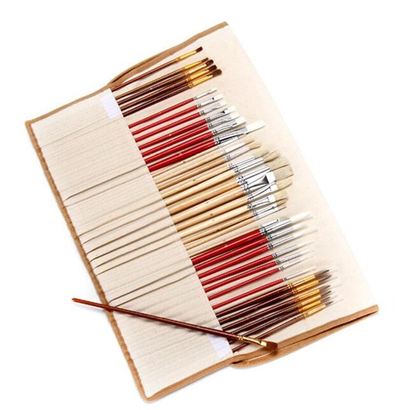 38 stuks Penselen Set Met Canvas Tas Voor Olie Acryl Aquarel Lange Houten Handvat Multifunctionele Borstel Kunst Levert