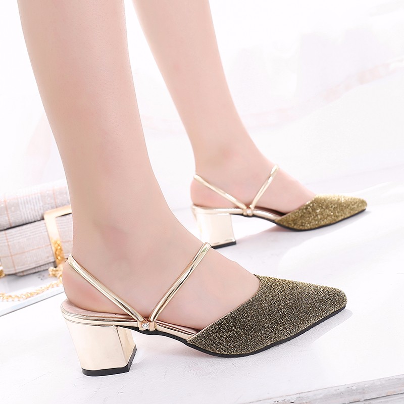 Plus Size 35-43 Summer Women Slippers Pointed Toe Woman Sandals High Heels Slippers Square Heeled Silver Slides Outside 6571