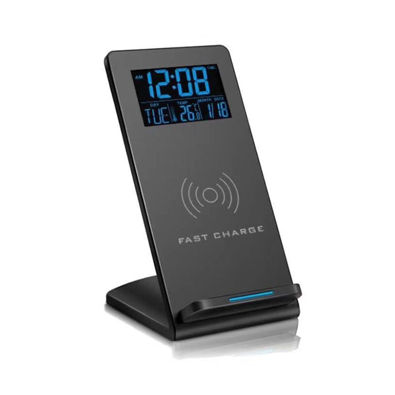 Carregador sem fio desktop suporte almofada para samsung qi carregamento rápido para iphone 11 com despertador digital temperatura do tempo 3-em-1