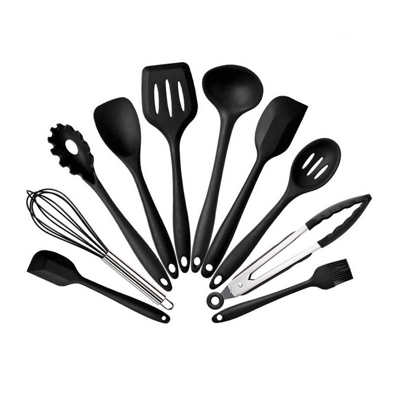 10 silikone køkkenudstyr non-stick køkkengrej madlavning værktøj spatel øse pisker skovl ske suppe køkkenredskaber sæt  #9: Sort