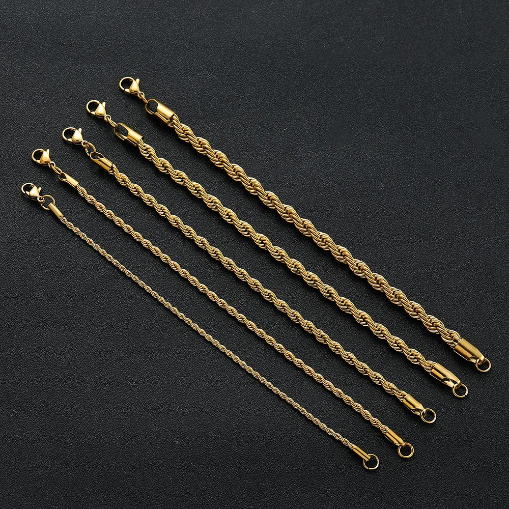 Armbånd i Rustfritt Stål 2-6mm Gullfarge - Tvinnet Rebkjede - Unisex - Karabinkrok