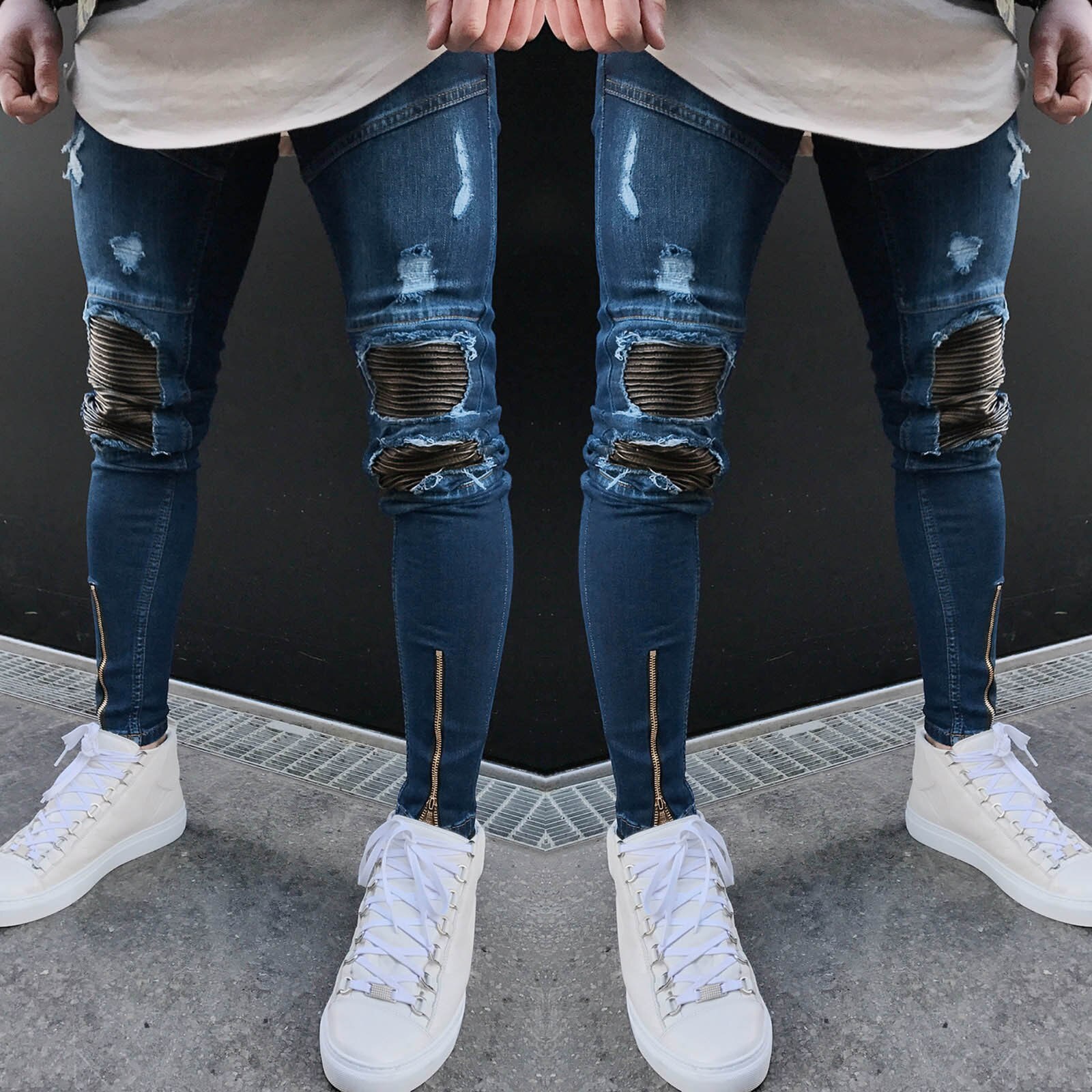 3 stili uomo Jeans elasticizzati strappati strappati Skinny con stampa ricamata Jeans strappati strappati Slim Fit Denim graffiato Jean di alta qualità