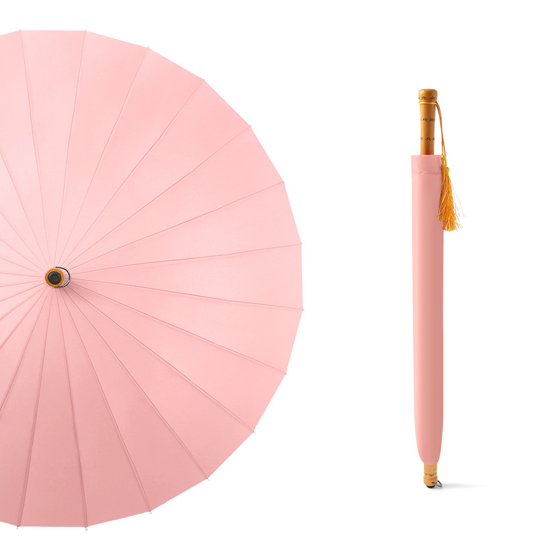 Paraguas grande doble de para mujer, sombrilla con mango de madera a prueba de viento, 24k de largo, a la: pink