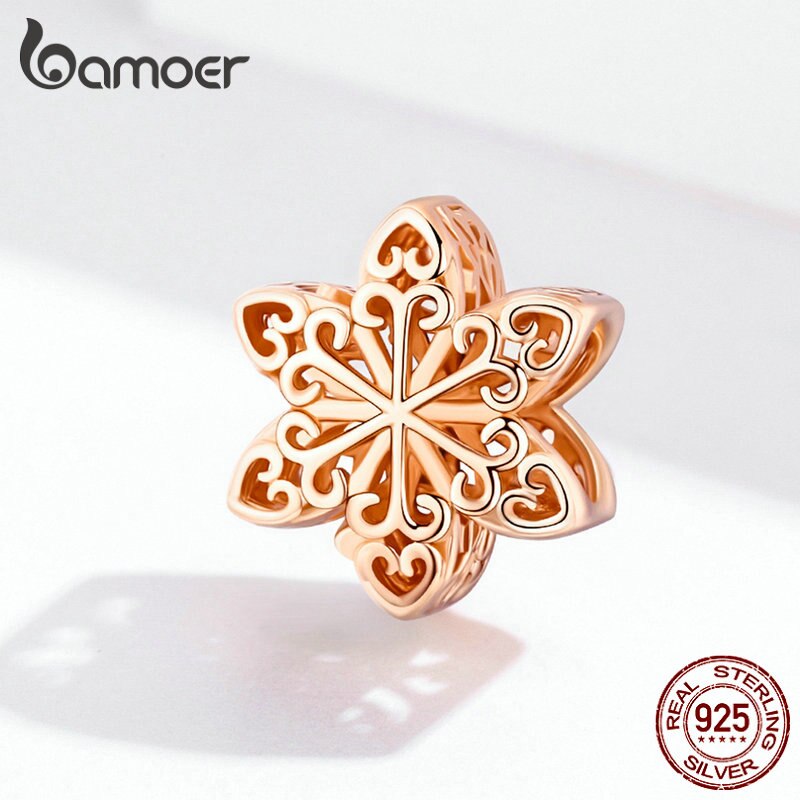 BAMOER Genuine 925 Sterling Silver Snowflake Openwork Beads fit Women Charm Bracelets & Necklace DIY Jewelry SCC719