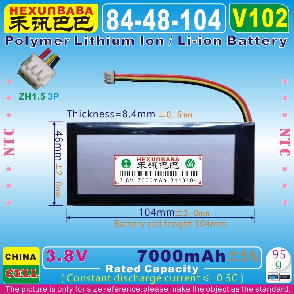 [V102] 3.8V 7000mAh [8448104] NTC;ZH1.5 3P;THREE 3 WIRE;Polymer Li-ion battery for Netbook,EBOOK;tablet pc,GPD WIN