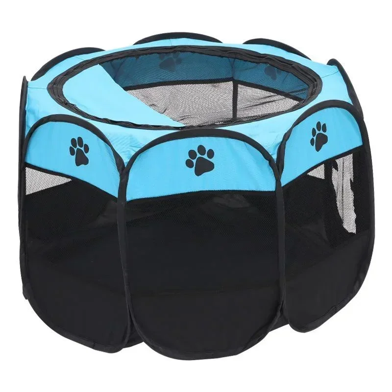Zusammenklappbares Haustierzelt, Haustierkäfig, Hundehaus, achteckiger Käfig für Katzenzelt, Welpenhütte, einfache Bedienung, Zaun, drinnen und draußen, großes Hundehaus: Blau