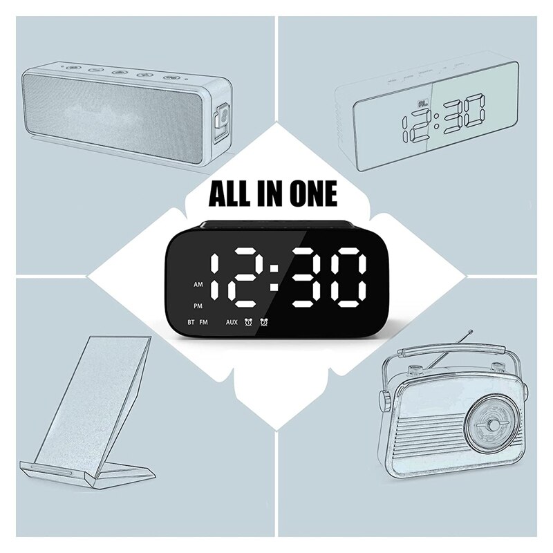 Digitaler wecker, kabelloses ladegerät und usb-ladestation für den nachttisch, bluetooth-lautsprecher, großes led-display
