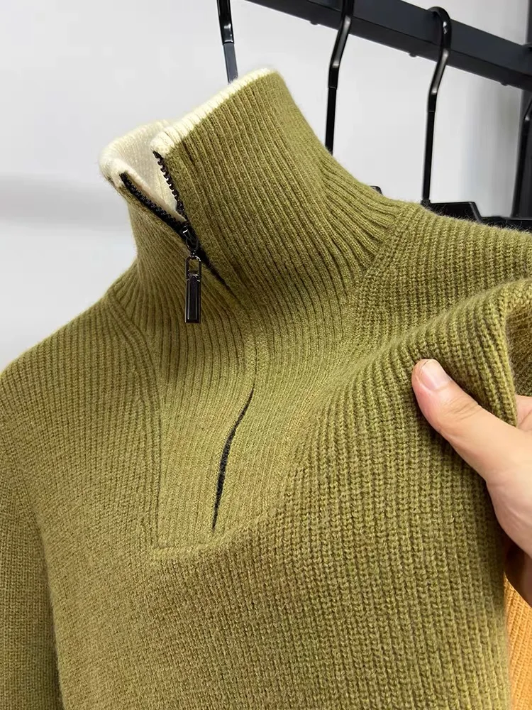 High-end mærke trend herre sweater med halv lynlås efterår vinter afslappet fortykket ensfarvet højhalset strikket pullover: Xl / Grøn