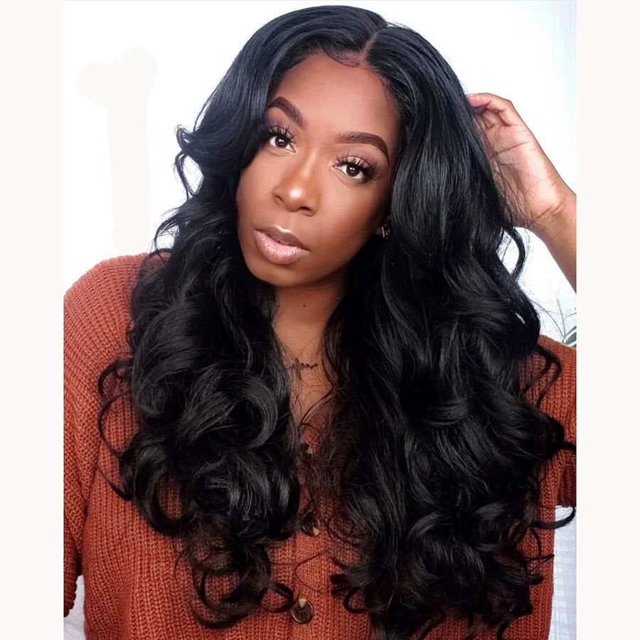 Synthetic Lace Front Wigs 1B Color Long Body Wavy Futura Hair With Natural Hairline for Black Women Daily Wear