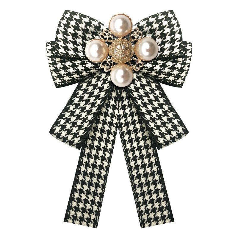 Double couche nœud papillon dames Style japonais Plaid Jacquard noir et blanc alliage perles incrustation accessoires broche
