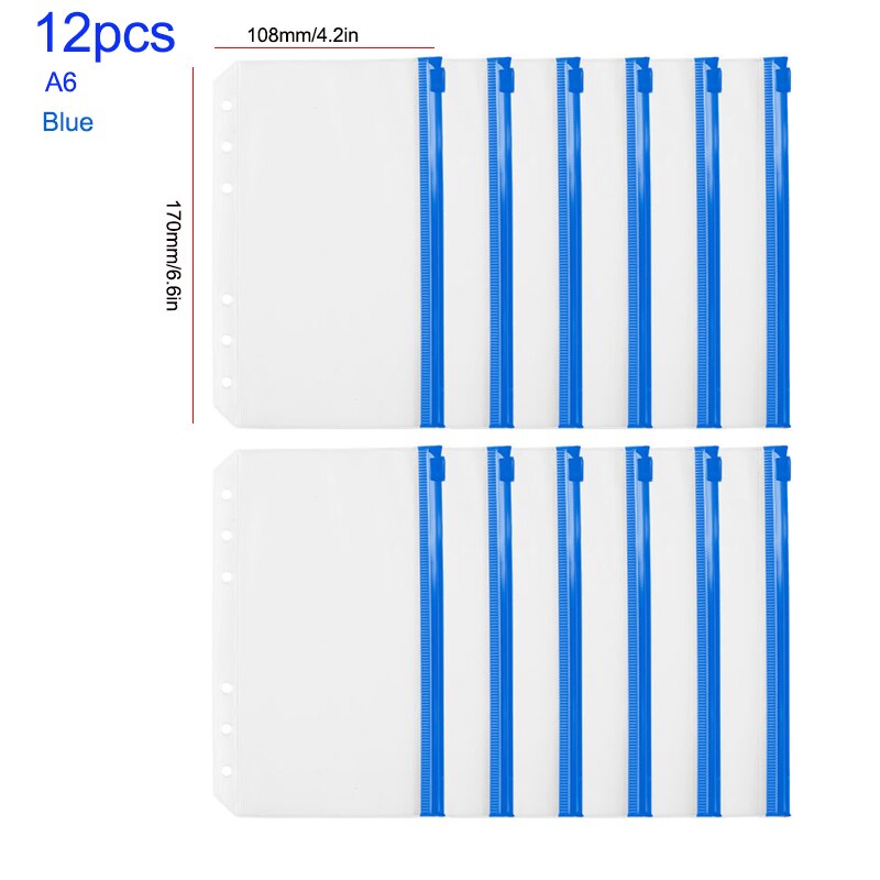A5 A6 A7 12PCS Binder PocketsBinder Zipper Folders for 6-Ring Notebook Binder Transparent Loose Leaf Pouch Document Filing Bags: 12pcs A6 17x10.8cm4