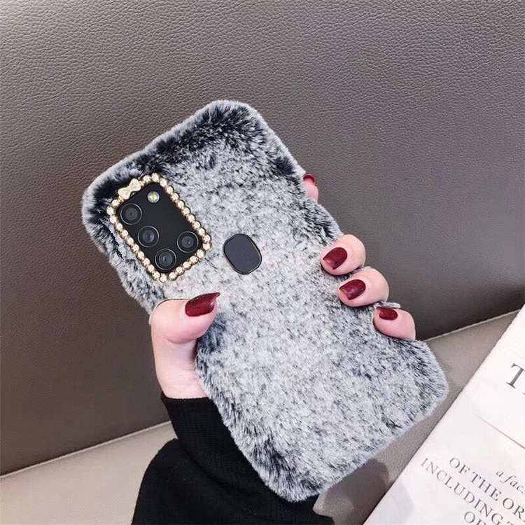 Voor Samsung A21S Case Houden Warme Pluche Konijnenbont Shiny Diamond Silicone Cover Voor Samsung A21S Een 21S a217 Telefoon Gevallen Cover