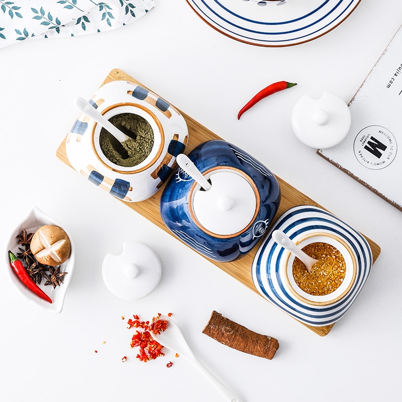 hand-painted underglaze Japanese ceramic seasoning pot set kitchen seasoning pot salt shaker household seasoning box