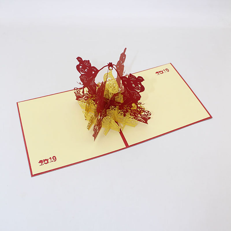 Gelukkig Nieuwjaar 3D Stereoscopische Hollow Rode Dubbele Pig Festival Zegen Verjaardag Wenskaarten Met Envelop Business Postkaart