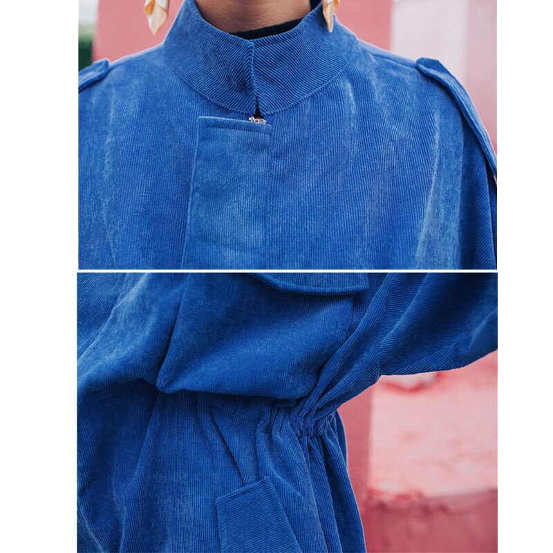 Gabardina larga de pana azul de tendencia, gabardina para mujer de cintura ajustable de alta de otoño , cazadora de calle, gabardina FY46